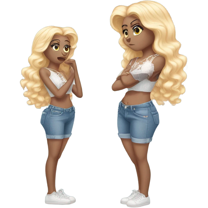 Glinda saying sorry wearing a plush lace up croc top and short jeans  emoji