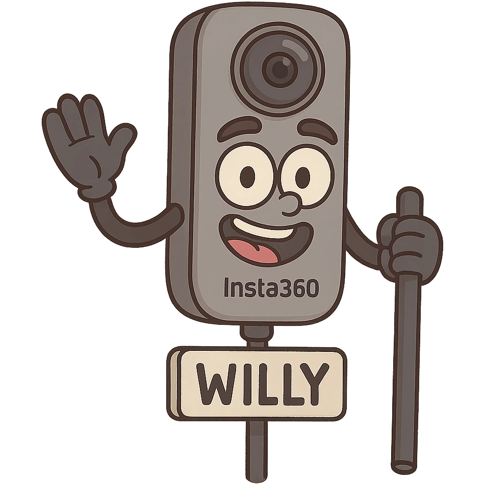friendly face Insta360 camera on a stick named Willy, cartoon style emoji