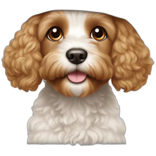 White cavapoo with light brown ears wearing a hat emoji