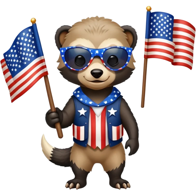 friendly anthropomorphised honey badger in patriotic USA Independence Day outfit with stars and stripes, wearing sunglasses emoji