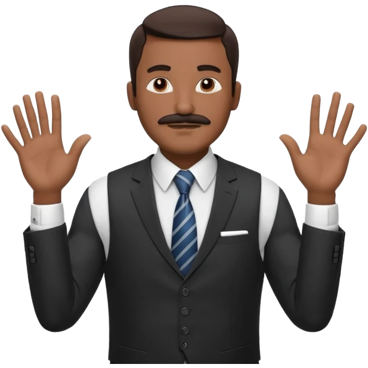 

“A confident man with medium-dark skin tone wearing a suit, tie, and vest, holding both hands up with fingers spread, making a ‘calm down’ or ‘I’m just saying’ gesture. His eyes are closed, and he has a mustache, giving a vibe of laid-back confidence or mock innocence. emoji