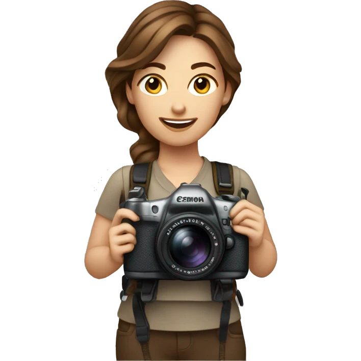 women photographer with brown hair holding a camera canon emoji