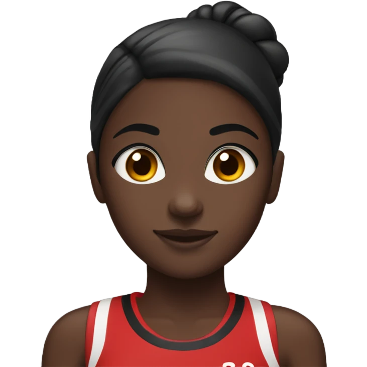 Dark skin girl doing track in a red with and black uniform hair in a low bun  emoji