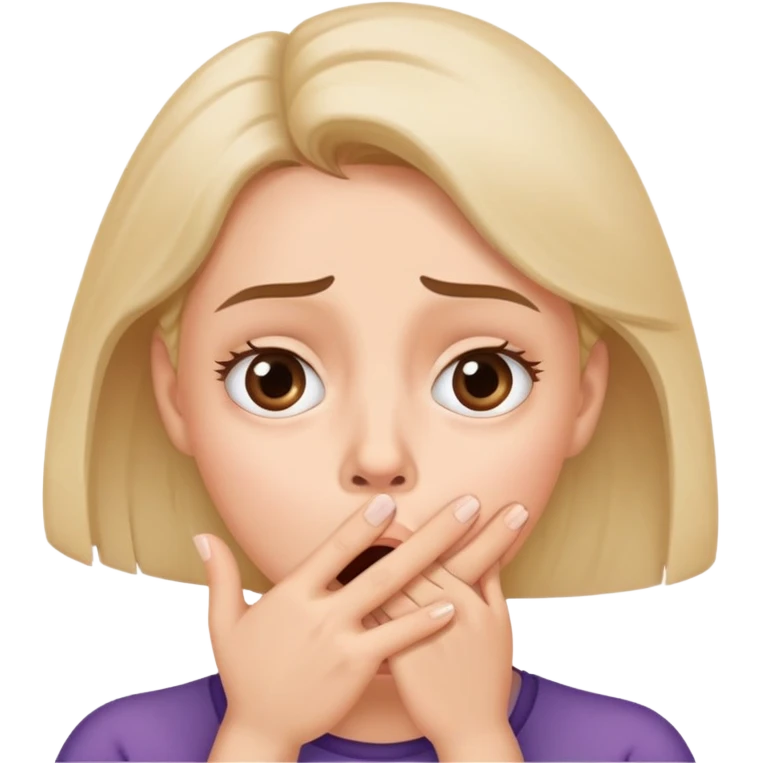 Woman with hand covering mouth, surprised and confused expression with furrowed brow emoji