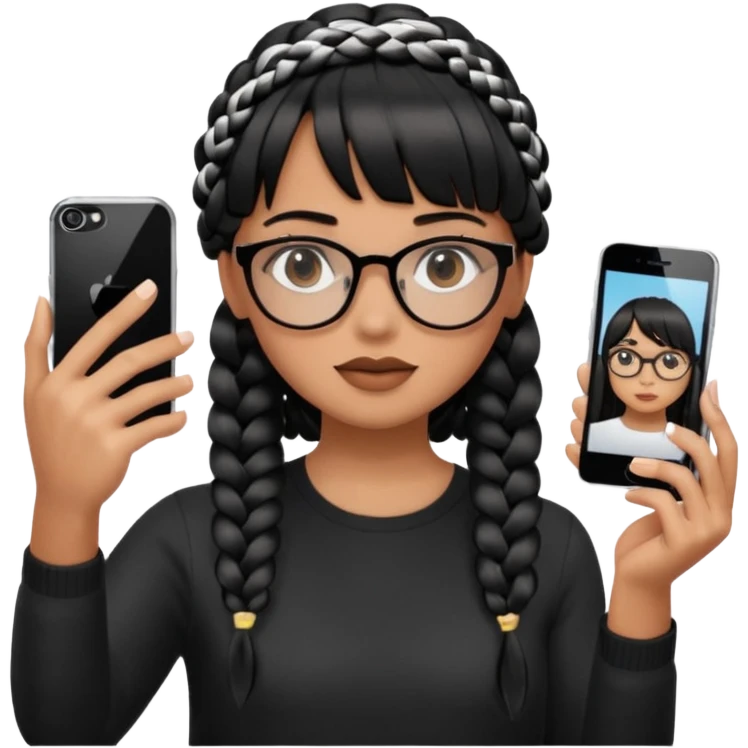 Wearing black braided hair, full bangs, and eyeglasses, taking a mirror selfie with an iPhone emoji