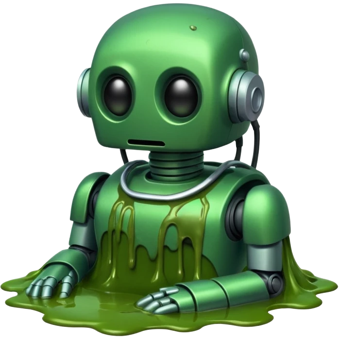 An emoji of a green robot melting away covered in thick green sludge sad and depressed  emoji