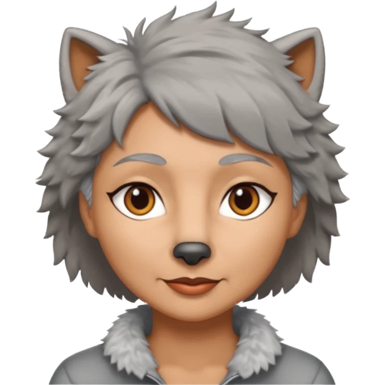 woman 50 years old, short grey fluffy wolf-cut hair, tannes skin and brown eyes emoji