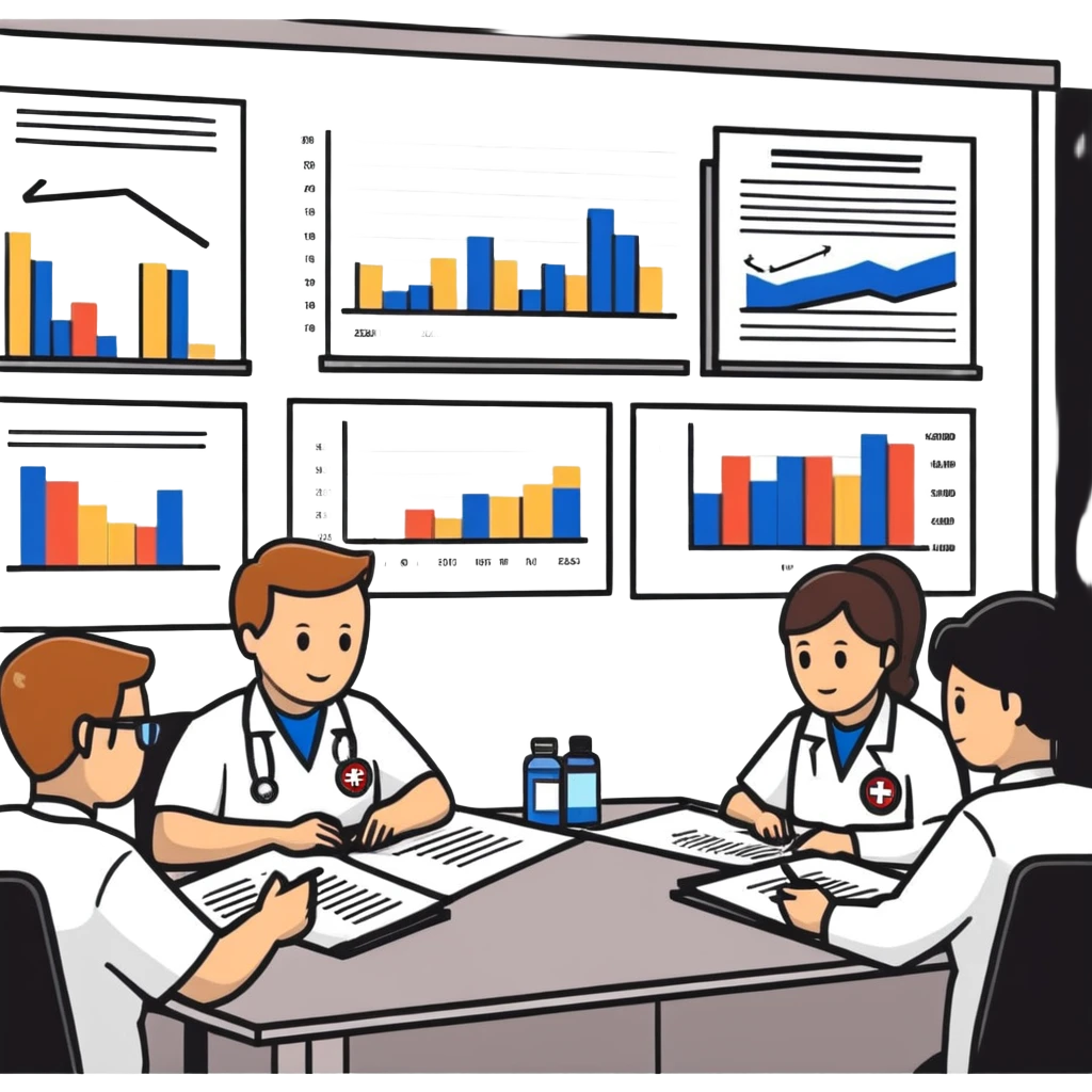 Emergency medical team in a committee meeting with charts and funding documents emoji