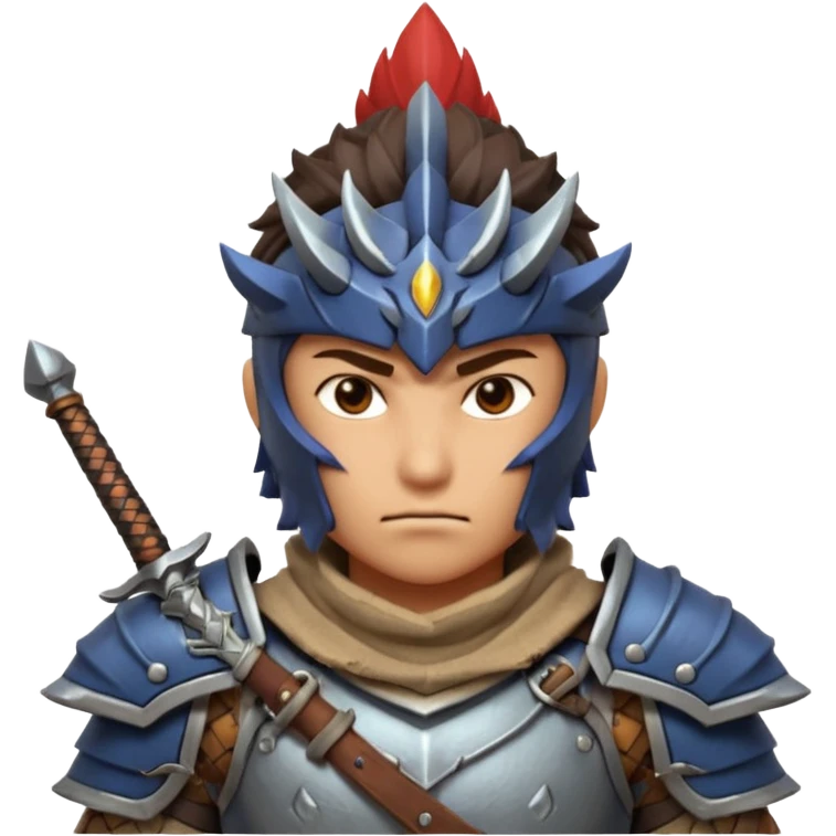 fantastic monster hunter warrior portrait, head and shoulders only, metal shoulder armor, sword strap visible, battle-worn look, intense expression, 3D cartoon, mobile game icon style, clean background, no text, no watermark
 emoji