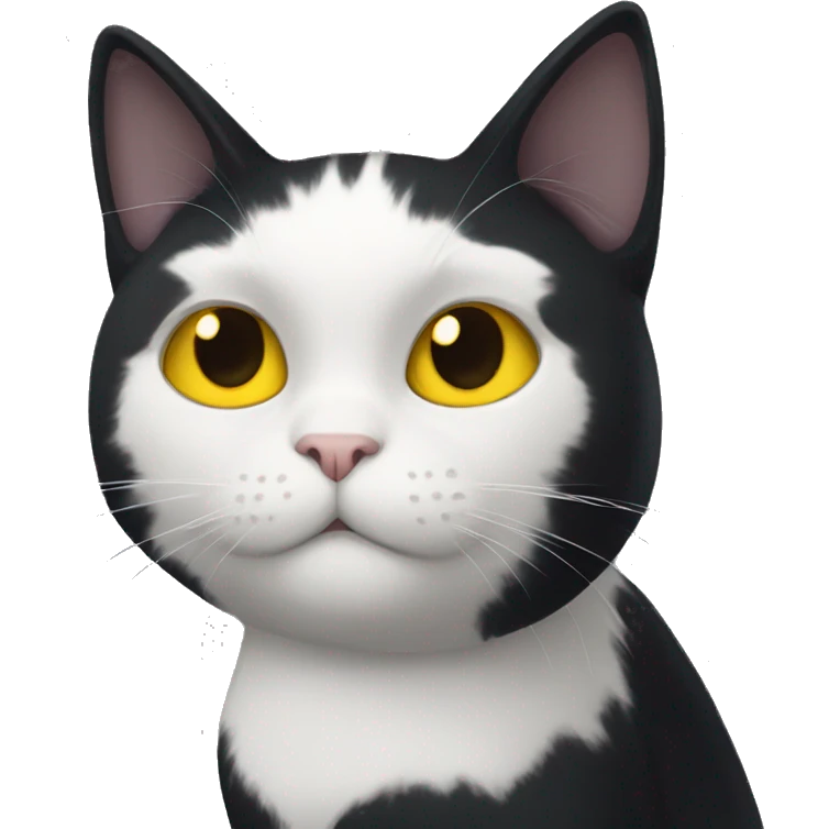 A black cat with a white breast and paws and big yellow eyes emoji