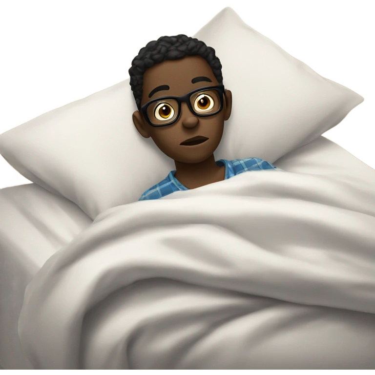 A darkskin boy around 13 years of age with black glasses in pajamas on a bed with a disgruntled, irritated expression on his face while pulling the bed sheet off of his chest  emoji