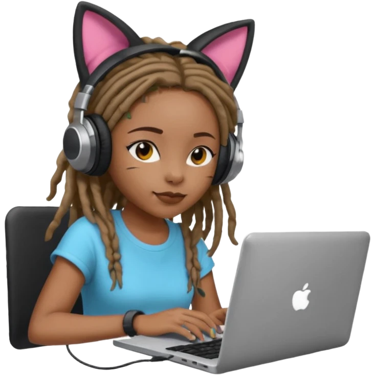 black girl with dreads who works remotely through a laptop with headphones that have plastic cat ears connected to the headphones.  emoji