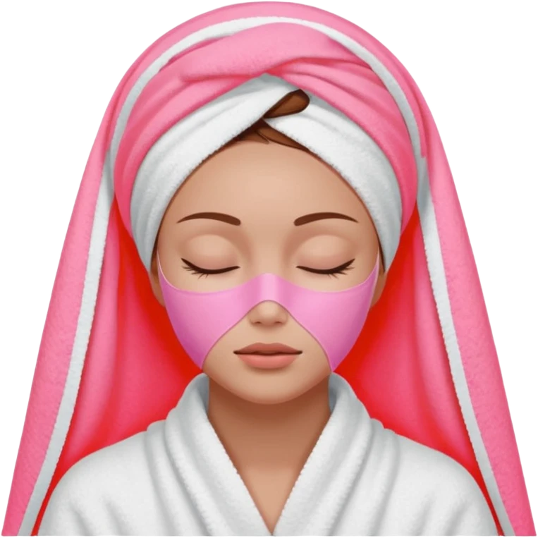 A woman with brown hair partially visible beneath a white towel wrapped around her head. Her face is covered with a pink skincare mask applied to the T-zone and cheeks. She has a calm, content expression with her eyes closed emoji