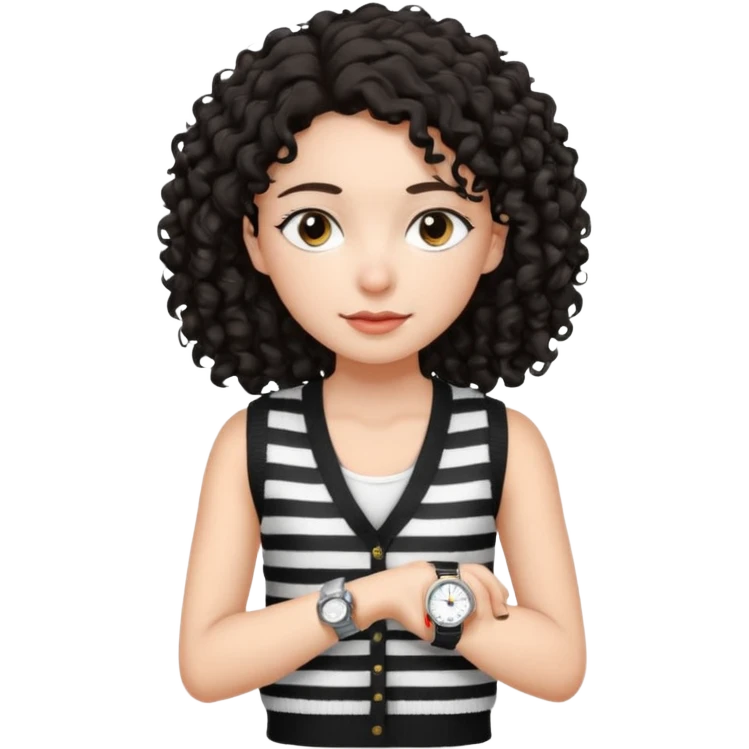 Chica joven con cabello rizado y oscuro, piel clara, vestida con un chaleco tejido blanco con rayas negras y una camiseta blanca debajo. Lleva un reloj plateado  emoji