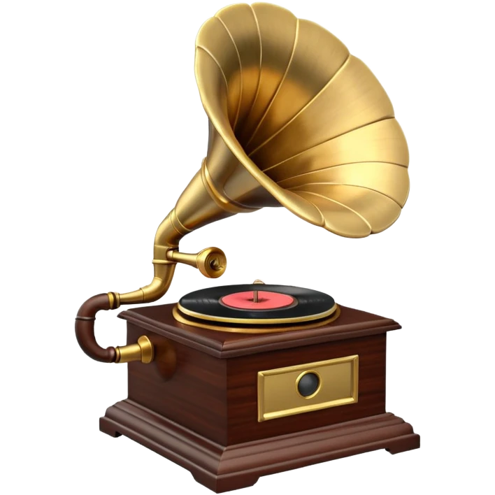 3D render of Gramophone, vintage 1980s audio equipment aesthetic, tactile analog buttons, polished brass gold horn with a dark mahogany wood base, mixed wood grain and brushed aluminum textures, Apple emoji style, isolated on white background --v 6.0 emoji
