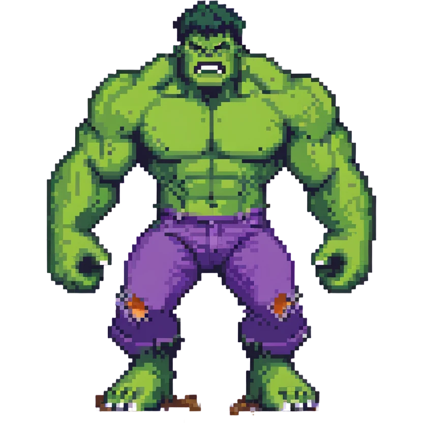 dynamic pose of Hulk from Marvel, smashing ground, green skin, purple pants emoji