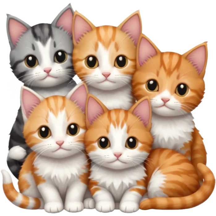 6 tiny kittens cuddling together all different colours, the first one is grey and white, the second is ginger and white and the third is brown tabby and white emoji