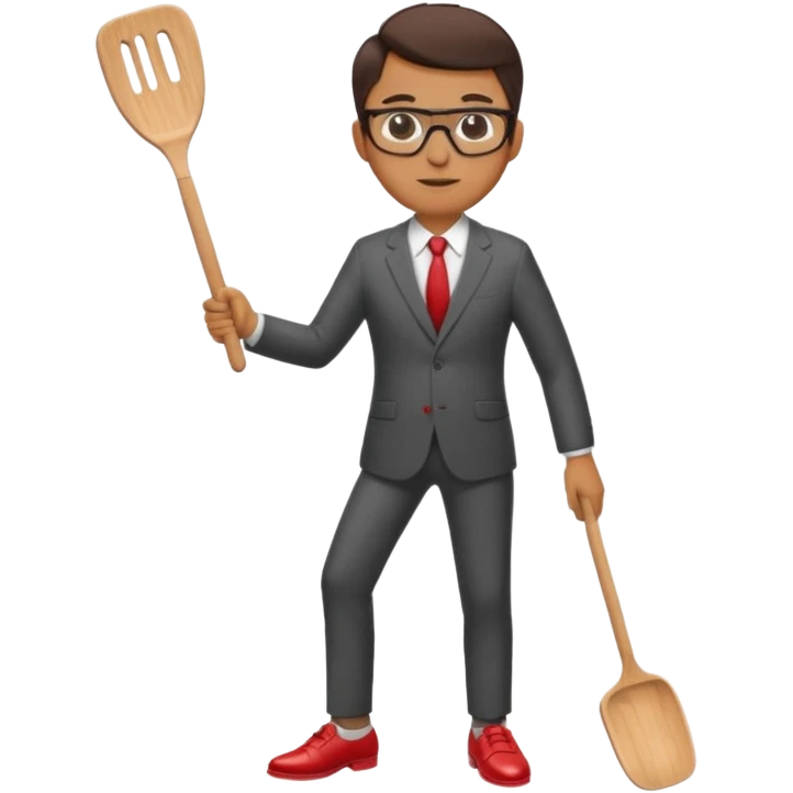 man with glasses wearing a suit and red shoes holding a spatula emoji