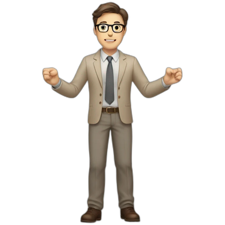 To belt Actively gesturing with hands Pale skinned fit man teacher with dark brown hair in gray jacket, beige office shirt, brown tie, brown pants and vintage glasses. emoji