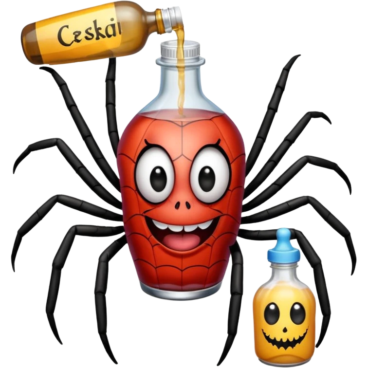wesoły śmieszny pająk z butelka jadu i podpisem cześć emoji