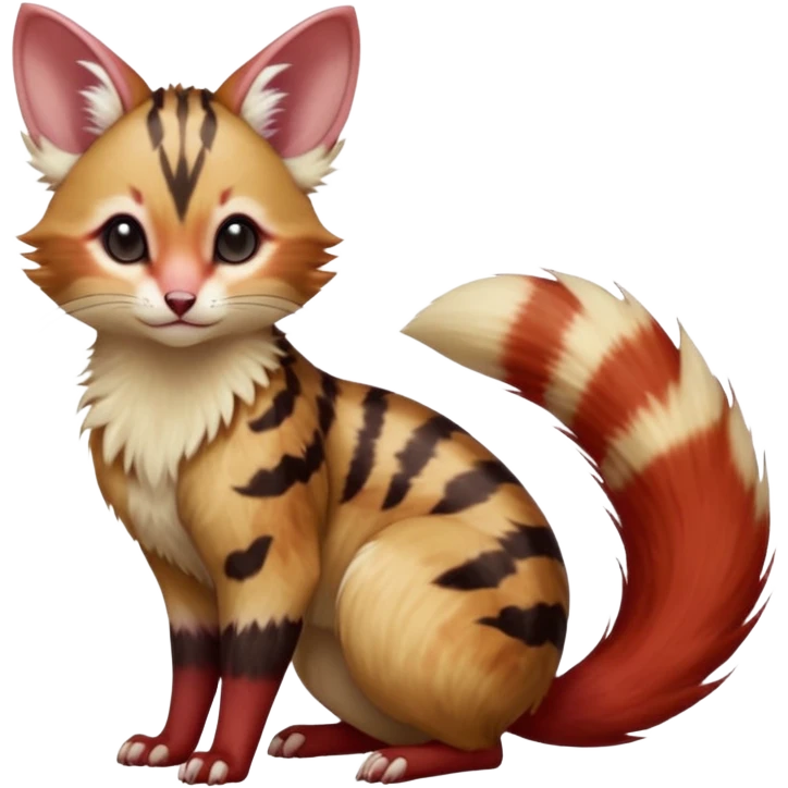 sanguine-red-streaked natural realistic divine beautiful elegant pretty precious cute young youthful  Fakémon-Pokémon-alien-opossum-furret -feline-serval-caracal-chinchilla-Minccino-hybrid-creature with a big fluffy bushy tail (full body) emoji