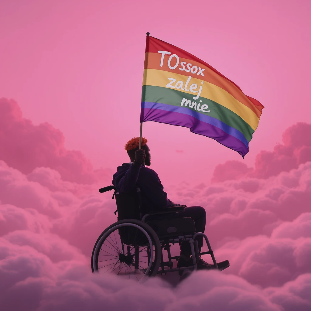 Black man with red hair sitting on wheelchair holding lgbt flag holding text "T0ssox zalej mnie" pink clouds around, pink sky with pink back light emoji
