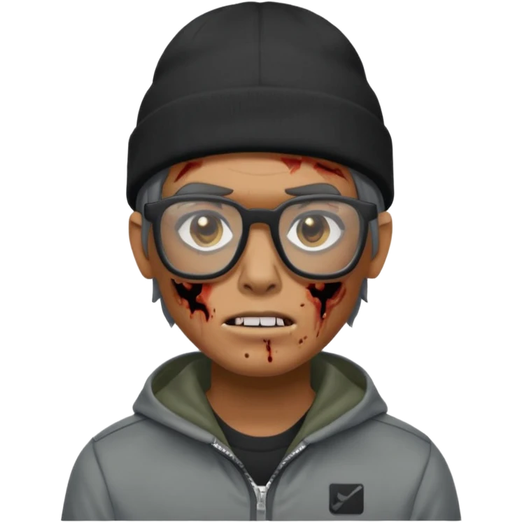 Hazme un zombie con gafas cuadradas y el marco negro y un gorro negro y un saco Nike tech gris y haz el personaje moreno  emoji