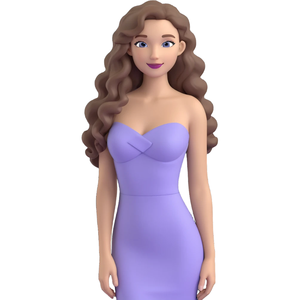 emoji of a stylish woman with a gentle smile, long, a bit curly light ash brown hair, blue eyes, nude lipstick, wearing a body-hugging light purple dress, chic and modern look emoji