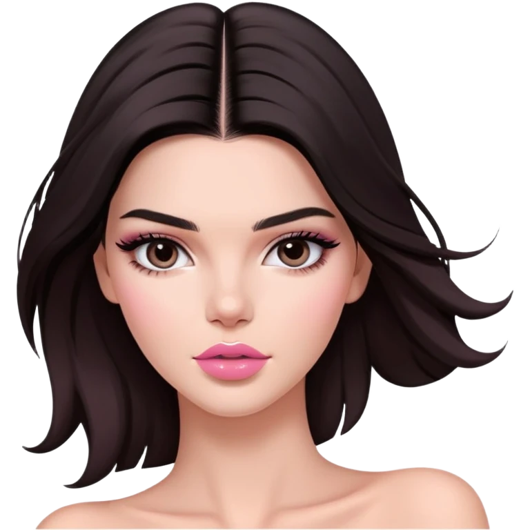 Kendall Jenner model, elongated face, long flowing dark hair, pink glossy lips, pink blush on cheeks, bare shoulders emoji