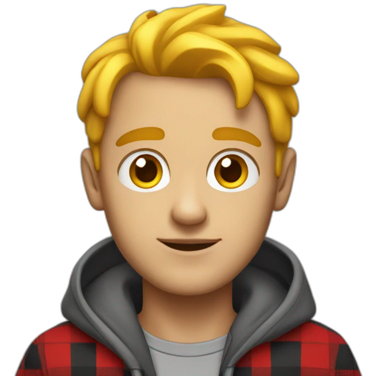 Man, bright red skin, yellow hair, big eyes, black eyebrows, wearing a gray hoodie with a black and red checkered shirt emoji