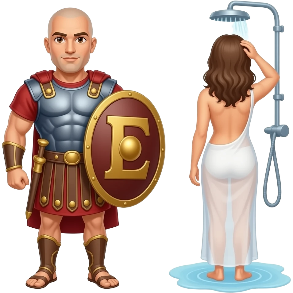 Muscular Roman soldier bald with brown eyes the Letter E on the shield with empress in shower facing away nude ass emoji
