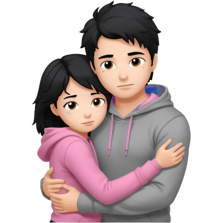 generate a pretty bratz fair skinned boy with messy black hair in a grey hoodie. Hugging his girlfriend who is wearing pink. Make him muscled. Boy in grey hoodie, girl in pink emoji