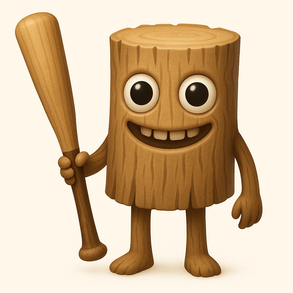 Make the character less human and more like a wooden stump, with a face that closely matches the reference image: large round eyes, wide unsettling smile, and minimal human features. Keep arms and legs, holding a baseball bat. Render in emoji style. emoji