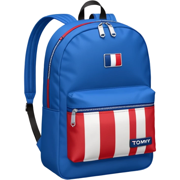 simple blue backpack, at the bottom pocket there is a  logo featuring a Tommy Jeans-inspired logo. The logo looks like a vertically-flag in one red, one white. The flag stripes are vertical, not horizontal. Flat

 emoji
