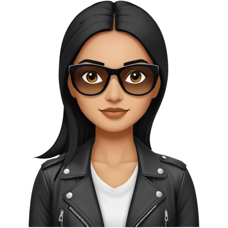 beautiful fit woman, with long straight black hair, with make up, black eye liner, smile mooth close, mexican, brown skin, wearing white tee, wearing leather black jacket, solar black wayfarer on the tip of the nose, we don’t see eyes of the girl emoji