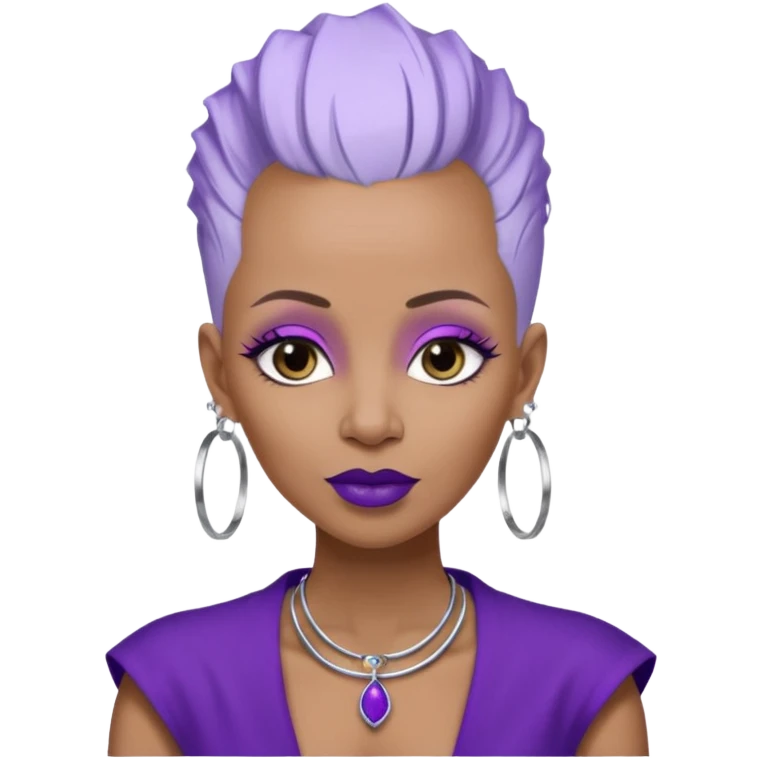 57 years young,  brown skinned Black queen with a  no hair on side and white hair in mohawk style, purple lipstick,  purple eyeshadow,  droopy looking  eyes, hoop  design 
 earrings with the name Draya personalized on them.  emoji