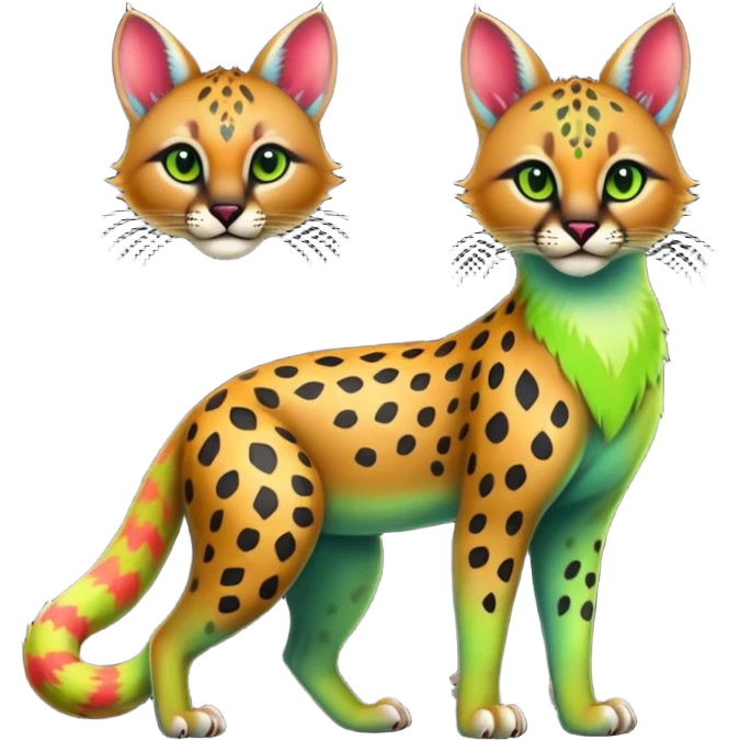 Colorful cute adorable tropical exotic fruity kiwi-green lemony rosy neon-red Caracal-Cheetah-Civet-Trico-fusion-hybrid-animal-creature, full body, with tribal tattoos emoji