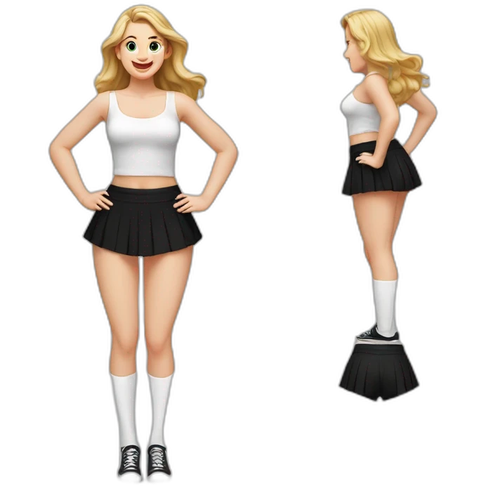 realistic full body caucasian curvy beauty jumping short black skirt back and front views strong wind white knickers long white socks emoji