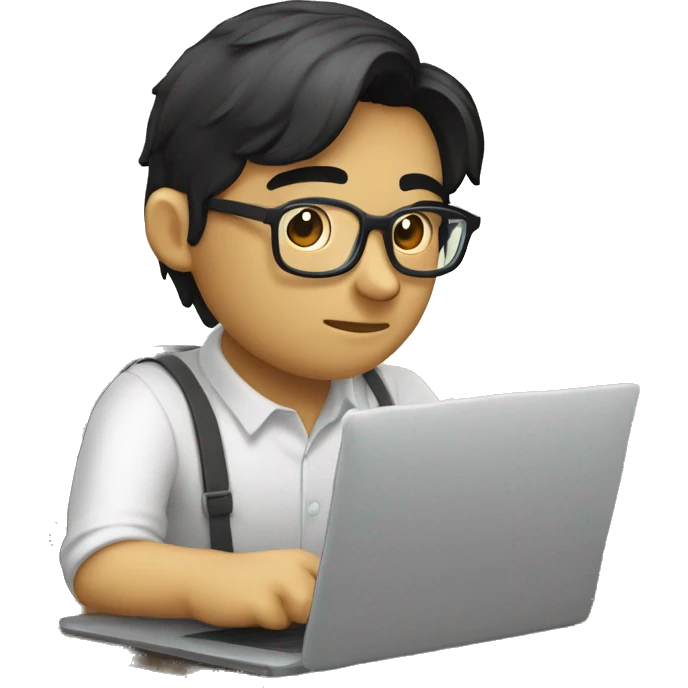 A nerdy, bespectacled developer, his short black hair neatly combed and a thin mustache adorning his upper lip, as he sits intently behind a large, sleek laptop. emoji