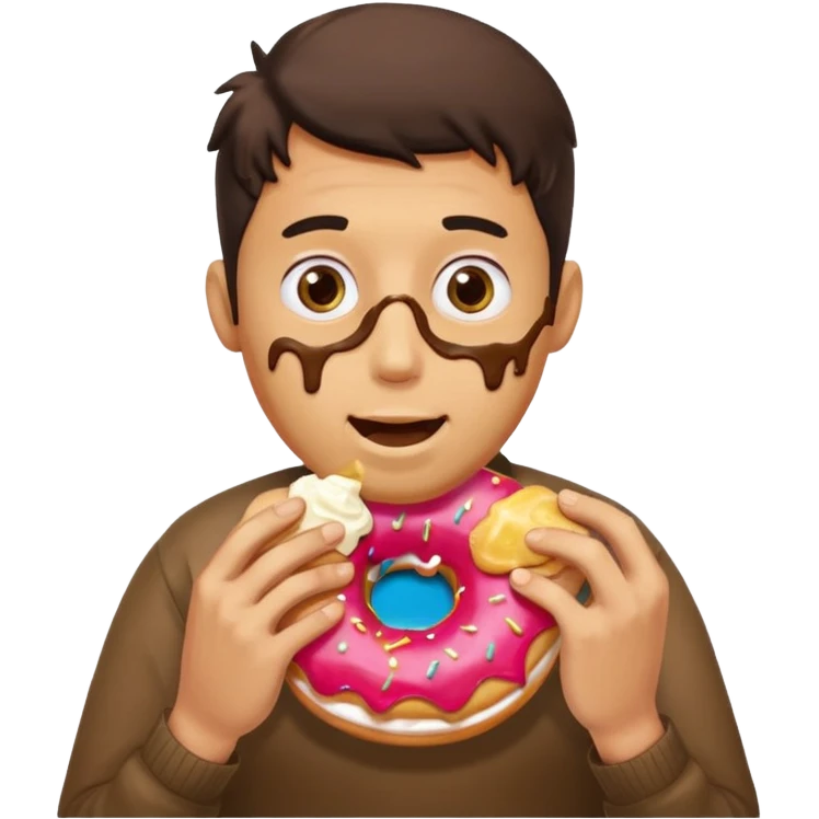 A man messily eating a filled donut, the donut is filled with Boston cream and it’s making a mess everywhere emoji