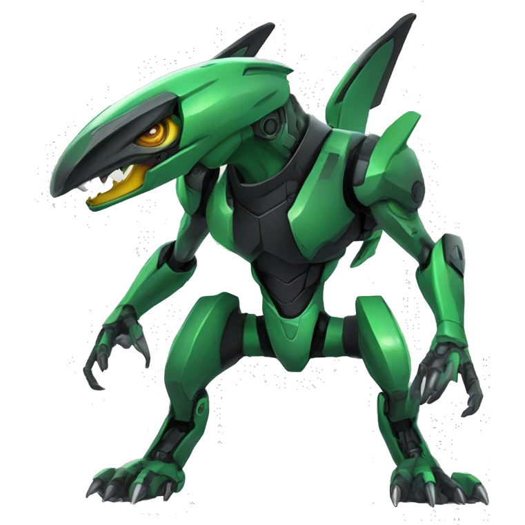 a black-green Genesect-Raptor-Fakémon—hybrid with a futuristic visor-helmet full body emoji