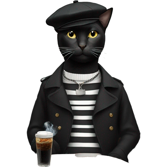 Black cat wearing a beret and a black and white striped shirt smoking a cigarette in a Parisian cafe emoji