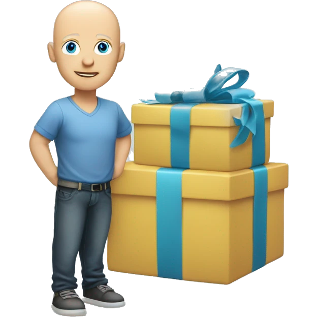 Bald Caucasian blue eye man standing on birthday presents  emoji