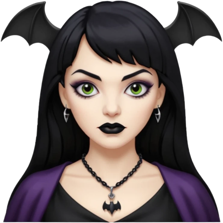 vampira mulher branca com cabelo preto longo com franja quadrada, sobrancelha grossa e lábios com batom preto com colar preto e pingente de morcego preto emoji