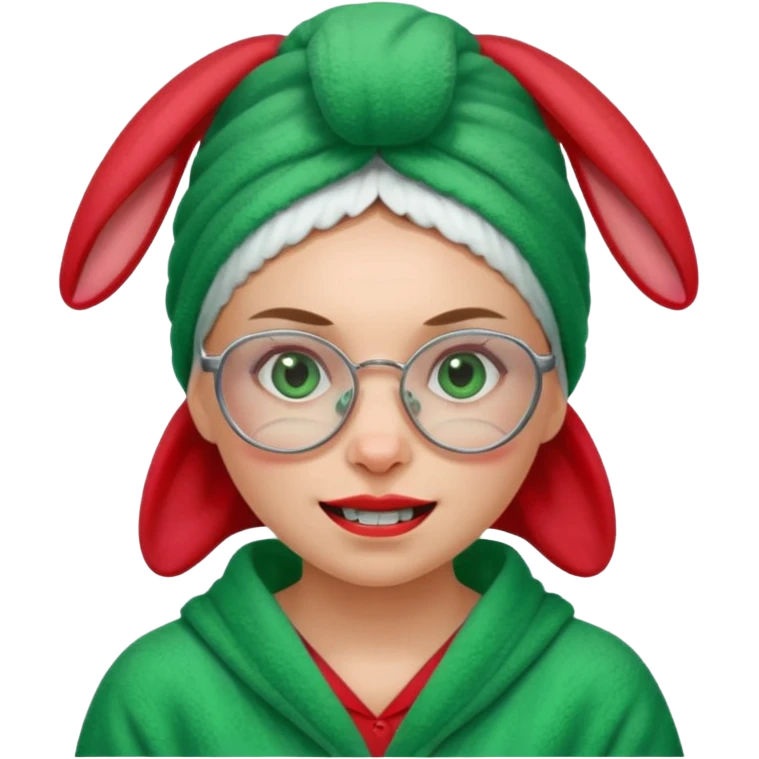 A woman who has a big rabbit-like front teeth wearing a green towel in her head with a broken glasses on her face in red pajamas emoji