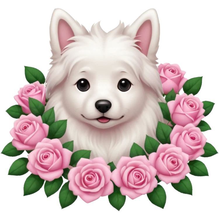 white dog laying on pink roses emoji