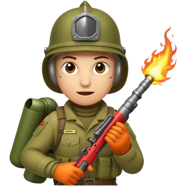 worm from Worms game wearing an army helmet and holding a flamethrower emoji