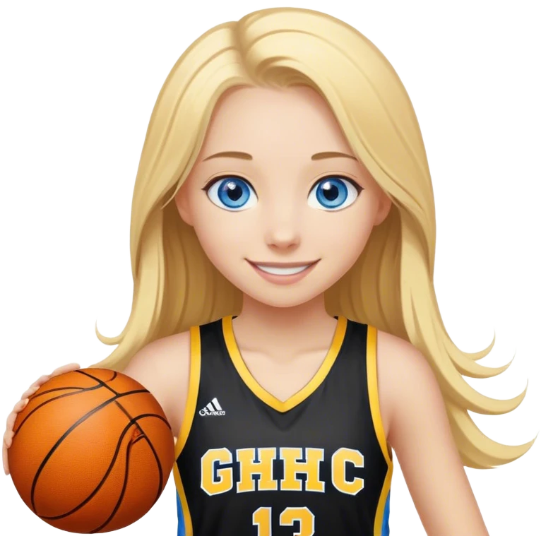 smiling girl with blue eyes and blonde long hair playing basketball with black and yellow jersey with GHC Logo emoji