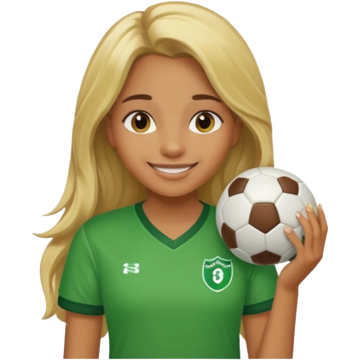 A caramel brown girl with brown eyes and long blond hair with a green football shirt emoji