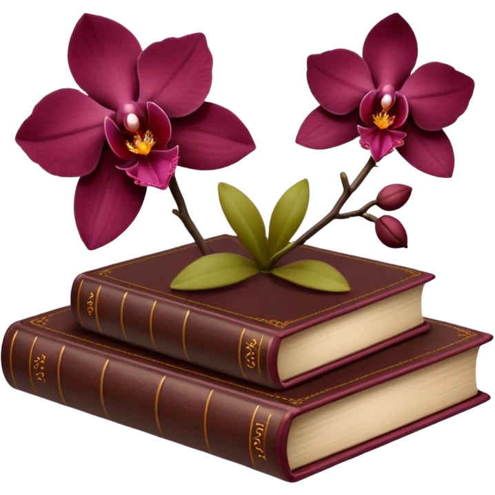 Dark academia 3 brown books with small burgundi orchid emoji